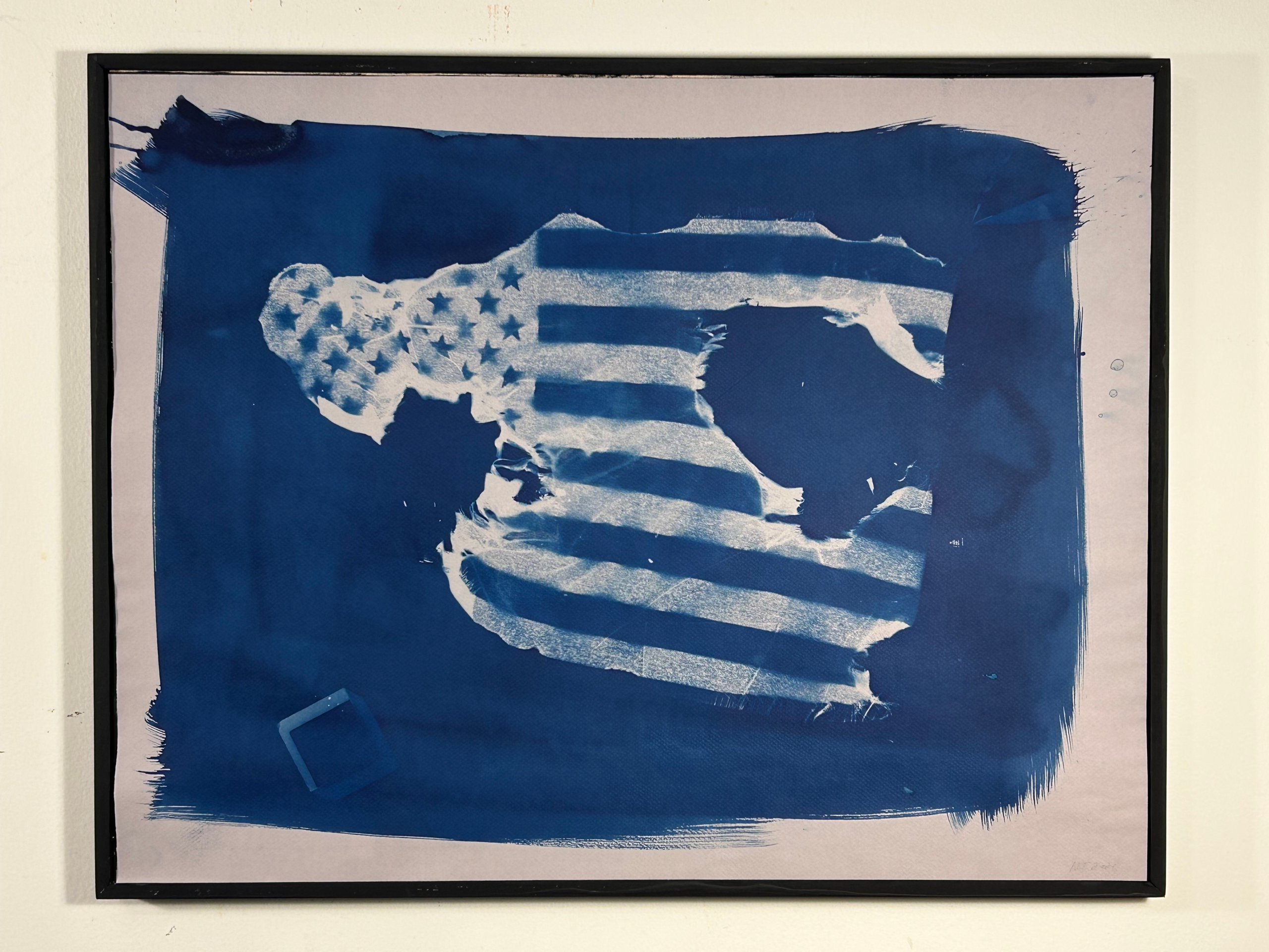 cyanotype image of a partially burned and unraveled USA flag.